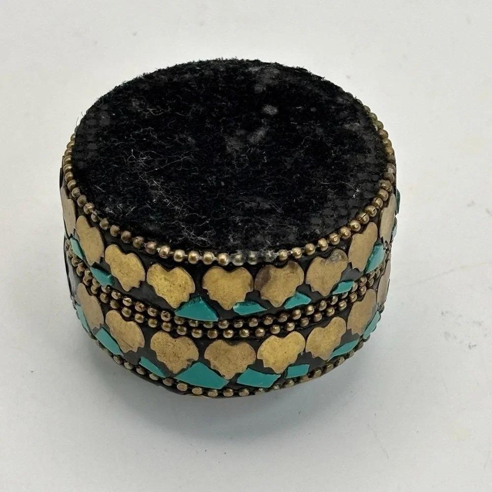 Vintage Trinket Box Turquoise Coral‎ - Tibetan Style Brass Filagree Hand Crafted